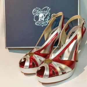 🔥Zoraide silver & ruby leather heeled platform slingbacks, EU41, NWT RARE